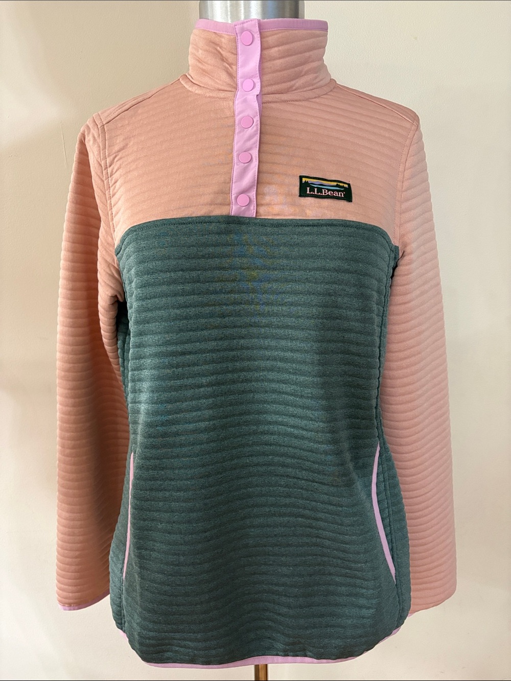 L.L.Bean Airlight Knit Colorblock Snap Pullover Pink Green XS Reg NWT